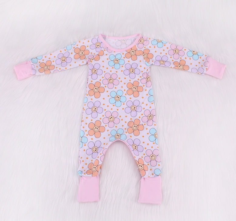 Smiley Face Flower Print Bamboo Fiber Baby Crawling Suit