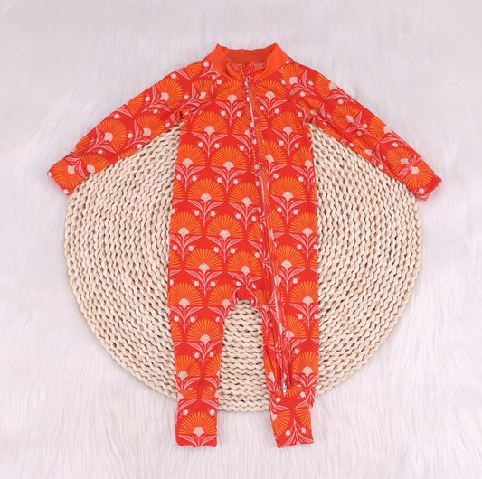 Dandelion Print Orange Bamboo Fiber Baby Crawling Suit