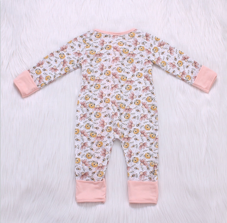 Bee Flower Print Bamboo Fiber Baby Crawling Suit